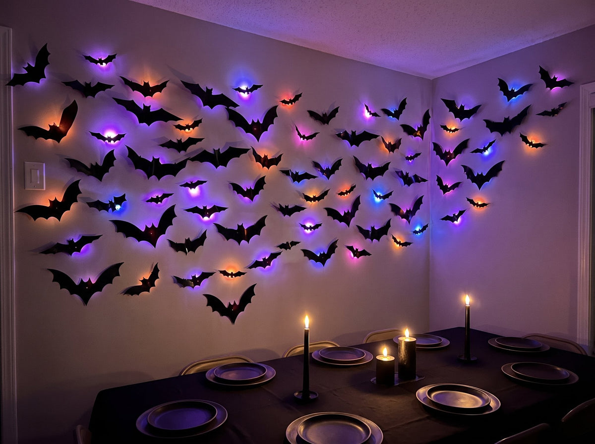 Dining room wall of glowing bats above a candlelit table
