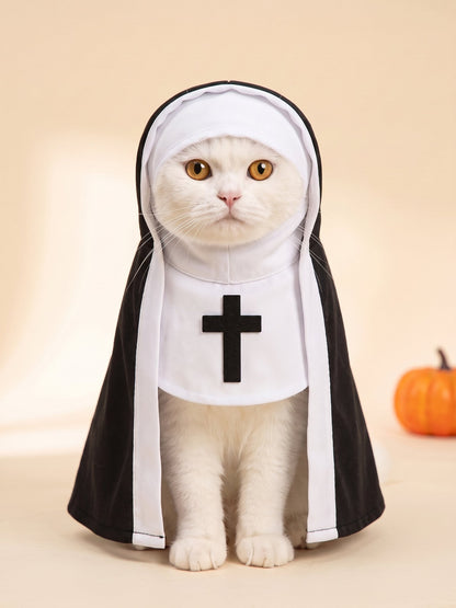 Holy Whiskers nun costume on a white cat