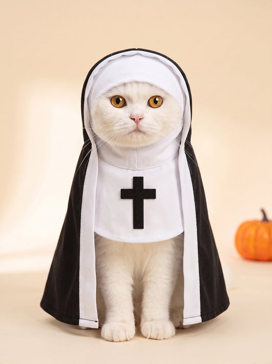 Holy Whiskers nun costume on a white cat