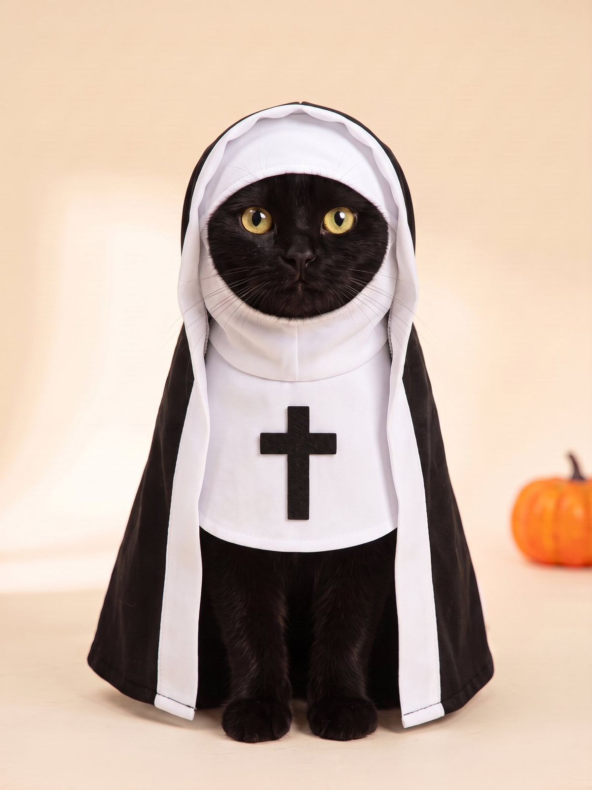 Holy Whiskers nun costume on a black cat