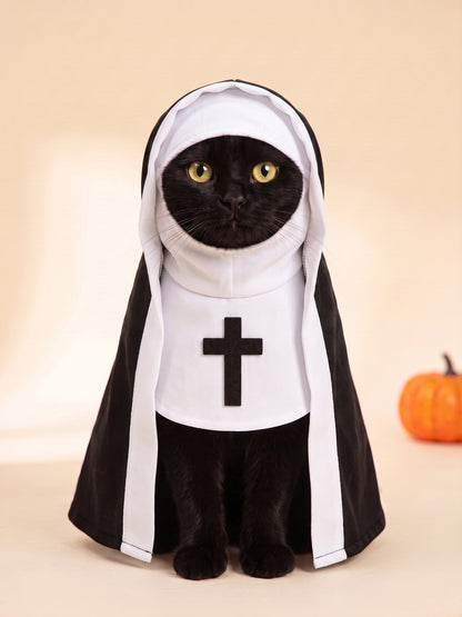 Holy Whiskers nun costume on a black cat