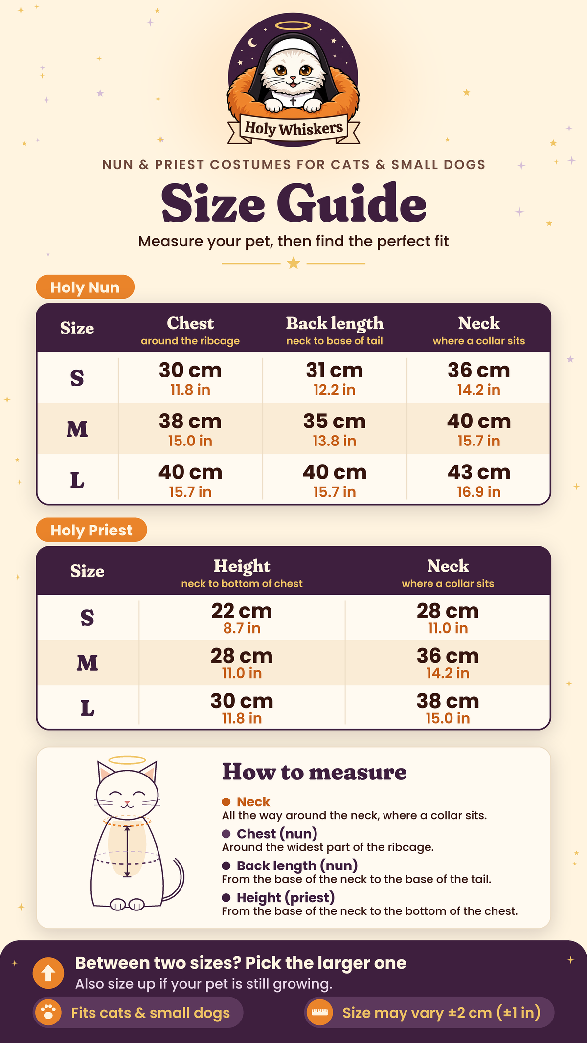 Holy Whiskers size guide: Holy Nun and Holy Priest, sizes S, M, L