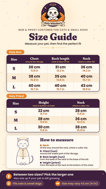 Holy Whiskers size guide: Holy Nun and Holy Priest, sizes S, M, L