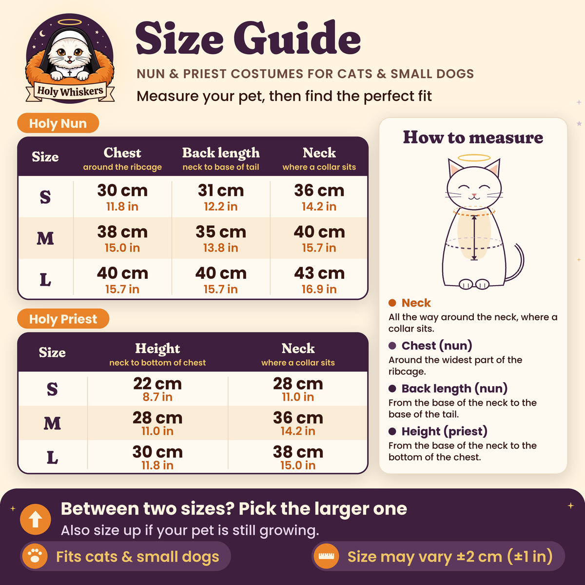 Holy Whiskers size guide: Holy Nun and Holy Priest, sizes S, M, L